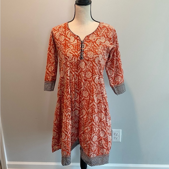 Saachi 3/4 Sleeve Burnt Orange Floral Indian Boho Dress Women’s size Large - Picture 1 of 9